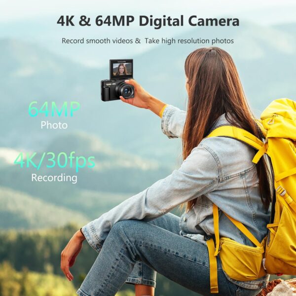 4K Digital Camera for Photography, 64MP Vlogging Camera for YouTube with 3" 180° Flip Screen, 18X Digital Zoom Point and Shoot Camera with 32GB Micro SD Card for Beginner (Black) - Image 2