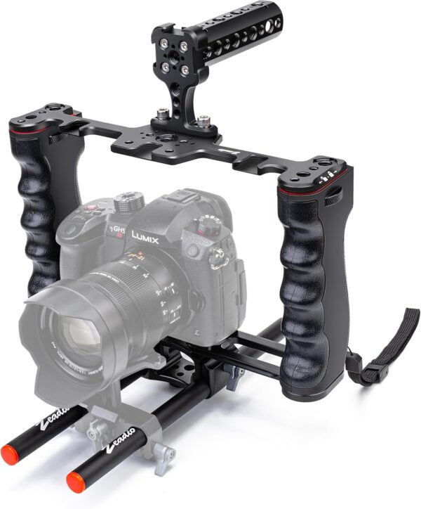 Zeadio Camera Video Rig Cage, Aluminum Filmmaking Movie Making Kit with Top Handle & Arca Type Base and Two 15mm Rod Guide, Compatible with All DSLR Camera and Camcorder