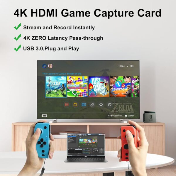 4K HDMI Capture Card for Streaming, Full HD 1080P 60FPS USB Cam Link Game Audio Video Capture Card Nintendo Switch/PS5/3ds/Xbox/PS4 (Black) - Image 3