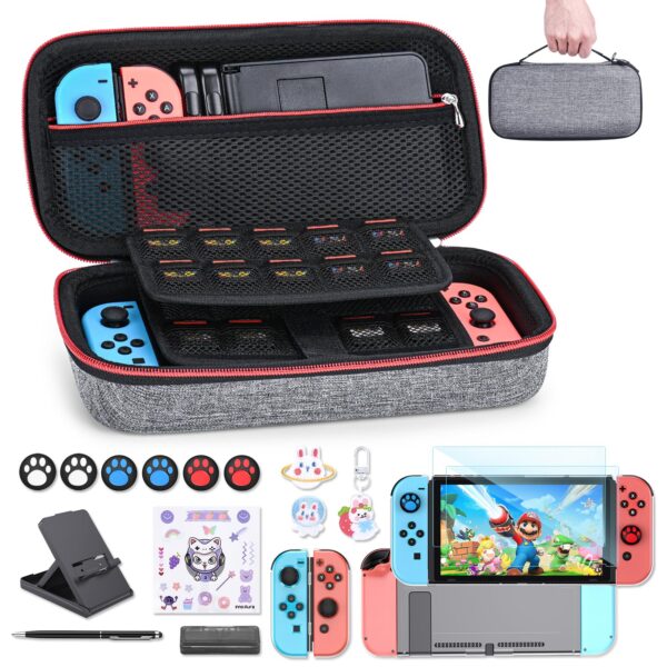 innoAura Switch Case for NS Switch 19 in 1 Switch Accessories Bundle with Switch Carrying Case, Switch Game Case, Switch Screen Protector, Switch Stand, Switch Thumb Grips (Gray)