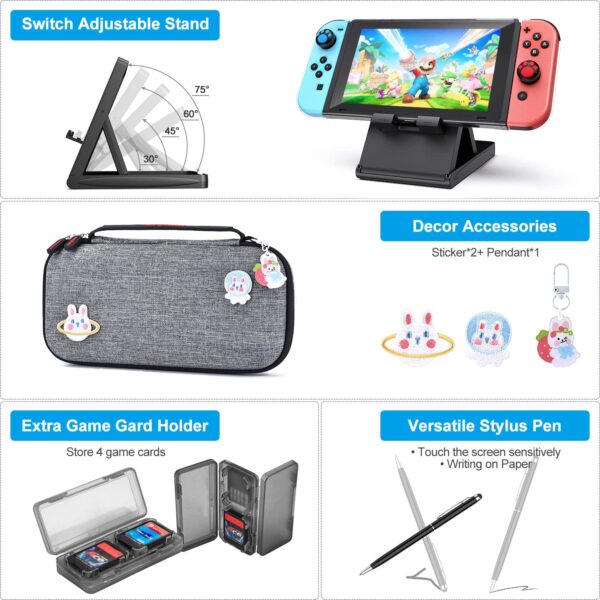 innoAura Switch Case for NS Switch 19 in 1 Switch Accessories Bundle with Switch Carrying Case, Switch Game Case, Switch Screen Protector, Switch Stand, Switch Thumb Grips (Gray) - Image 7