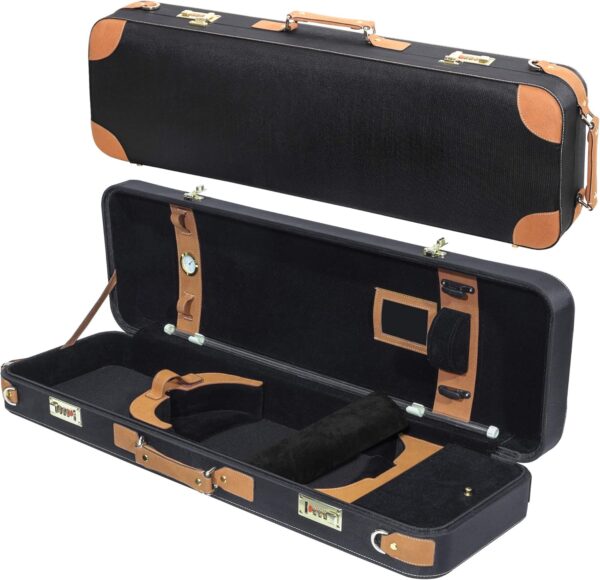 MI&VI NR-6900 Light Hard Wooden Violin Case - Fits 3/4 & 4/4 Sized Violins with Adjustable Straps | Vegan Leather | Solid Wood | Hygrometer | Accessories Pocket (Brown)