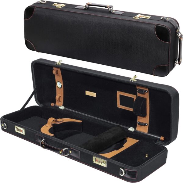 MI&VI NR-6900 Light Hard Wooden Violin Case - Fits 3/4 & 4/4 Sized Violins with Adjustable Straps | Vegan Leather | Solid Wood | Hygrometer | Accessories Pocket (Black)