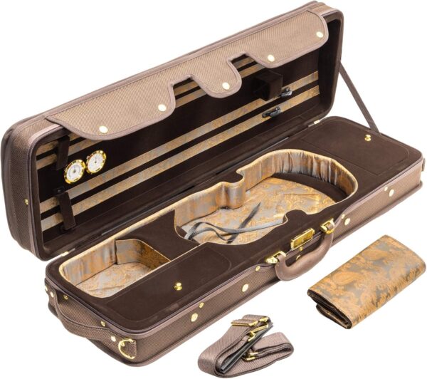 MI&VI NF-9001 Professional Hard-Shell Violin Case 4/4 (Full Size) Luxury Silk Interior | High-Density Foam | Sheet Pocket | Adjustable Straps | Hygrometer | Thermometer (Brown) - Image 3