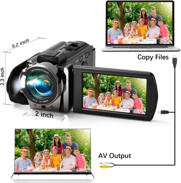 Video Camera Camcorder Digital Camera Recorder Full HD 1080P 15FPS 24MP 3.0 Inch 270 Degree Rotation LCD 16X Digital Zoom Camcorder Camera with 2 Batteries(Black) - Image 4