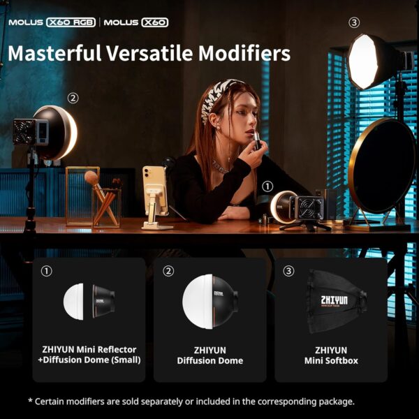 ZHIYUN Molus X60 [Official] 60W RGB Video Light with Grip Battery, Portable COB Photography Lighting, APP Control •CRI 95• TLCI 98• 15 Scenes for Video Recording/Portrait Shooting/TVC (Combo Package) - Image 7