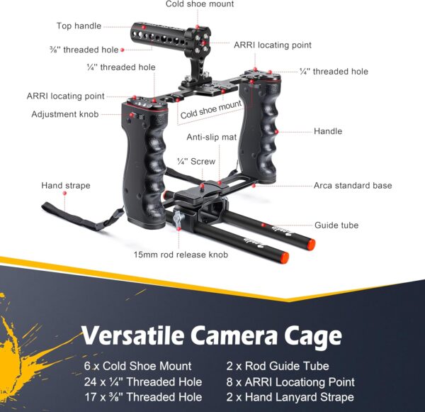 Zeadio Camera Video Rig Cage, Aluminum Filmmaking Movie Making Kit with Top Handle & Arca Type Base and Two 15mm Rod Guide, Compatible with All DSLR Camera and Camcorder - Image 6