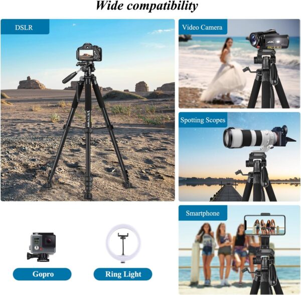 VICTIV 74” Camera Tripod, Tripod for Camera and Phone, Aluminum Heavy Duty Tripod Stand for Canon Nikon with Carry Bag and Phone Holder, Compatible with DSLR, iPhone, Spotting Scopes, Max Load 15 Lb - Image 5