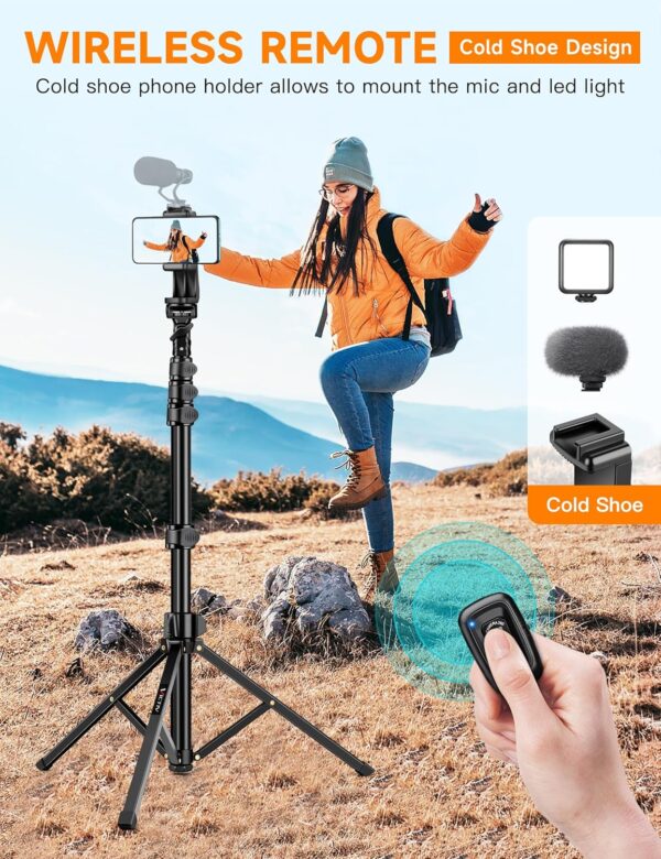 Phone Tripod, 86" Tall Tripod for iPhone with Flexible Gooseneck & Remote, Portable Cellphone Tripod Stand, Aluminum Travel Tripod for Selfies, Video Recording, Compatible with iPhone Android - Image 3